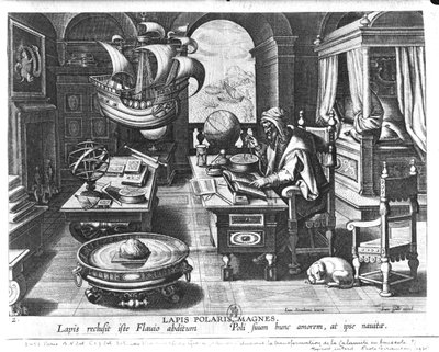 Flavio Gioia de Amalfi descobrindo o poder do Lodestone, prato 3 de "Nova Reperta" (novas descobertas) gravada por Philip Galle (1537-1612) c.1600 de Jan van der Straet